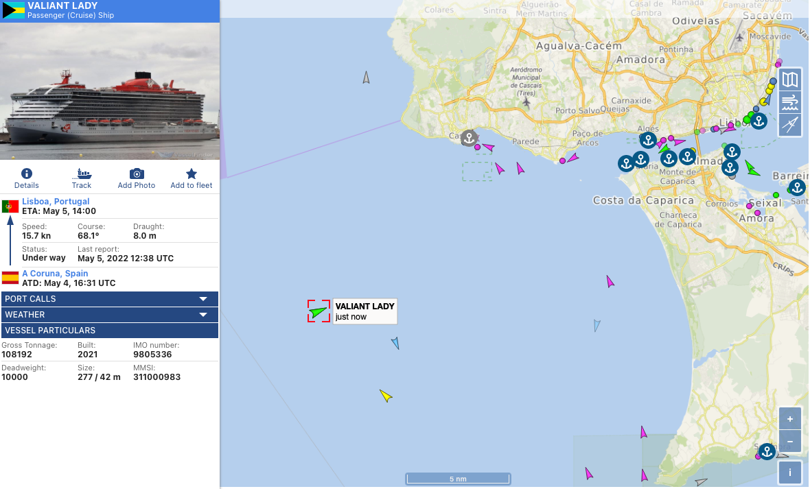 Map showing the Valiant Lady heading northeast towards the port of Lisbon.