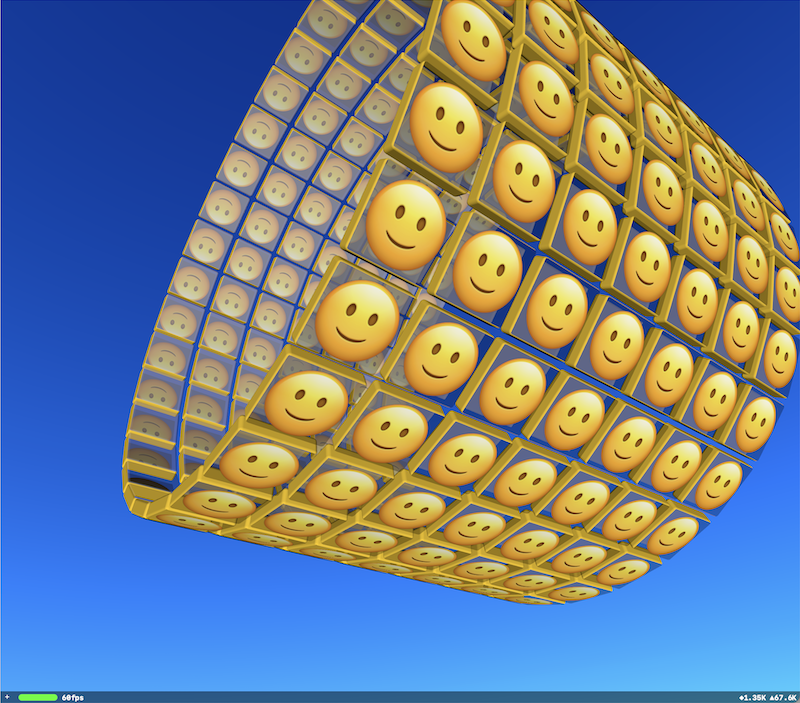 Several rings of translucent tiles bearing smiling emojis floating against a deep blue sky.